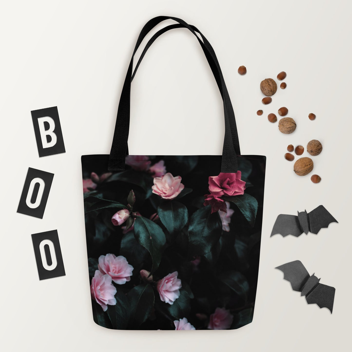 Black Vintage Flora Printed Tote Bag