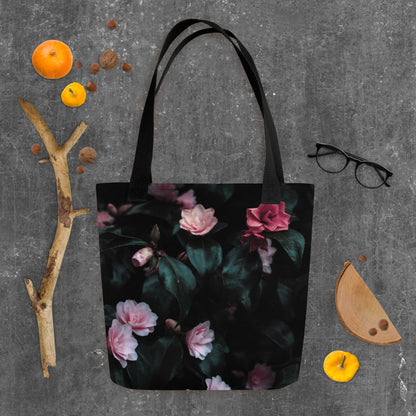 Black Vintage Flora Printed Tote Bag