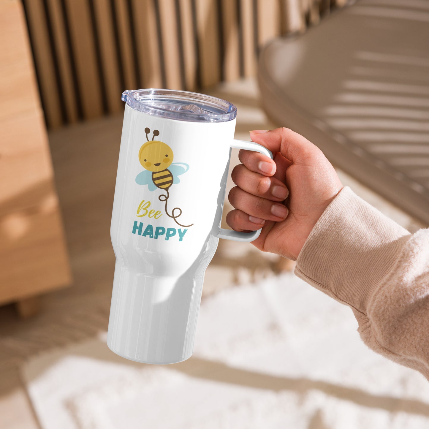 Bee Happy Travel Mug with a Handle